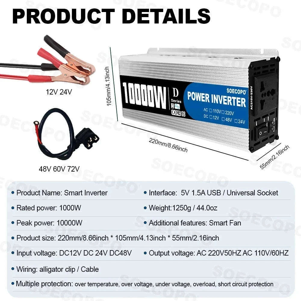 10000W DC to AC Power Inverter 12V 24V 48V to 220V with USB Port and Protection Features-12V TO 110V / China Mainland