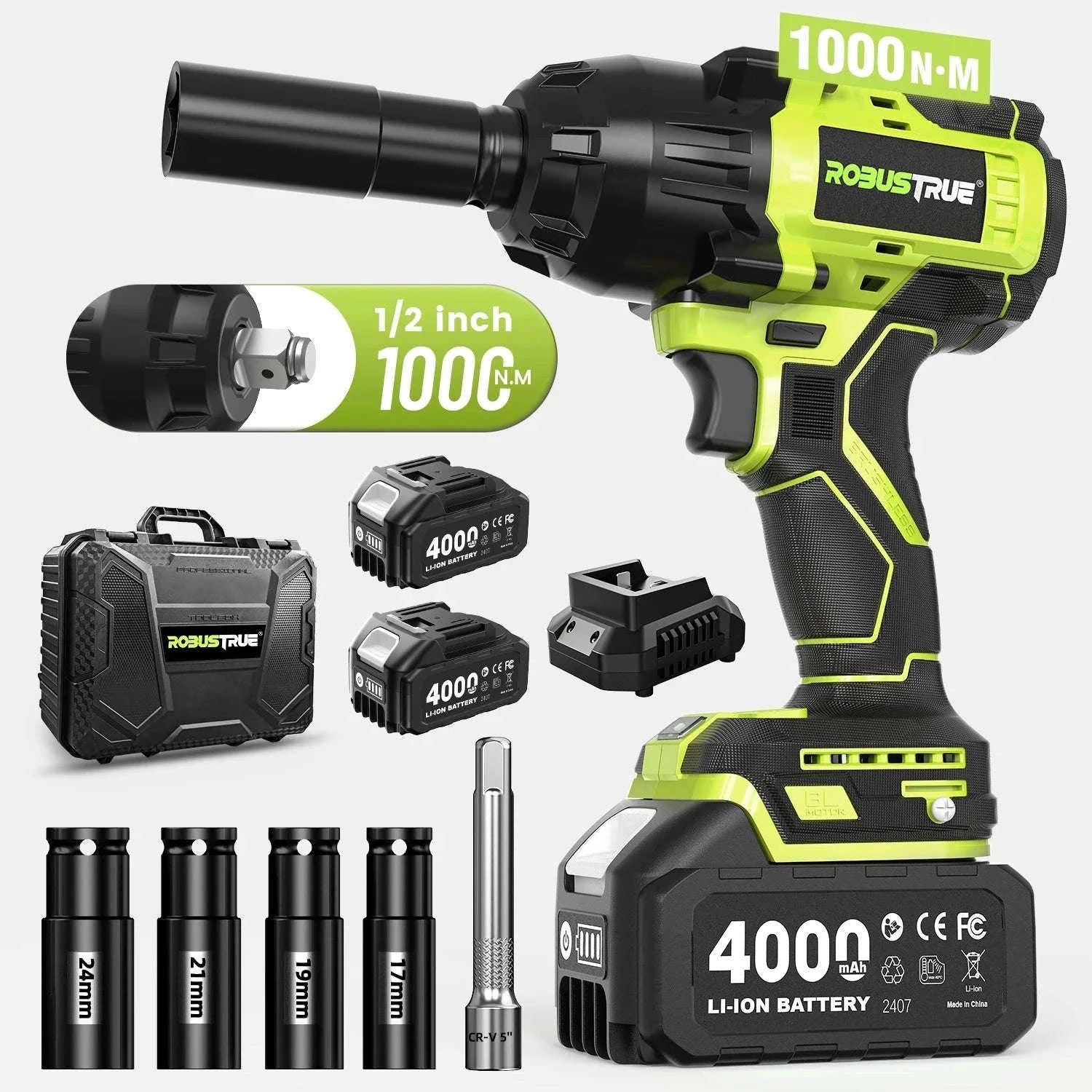 1000N.m Brushless Cordless Impact Wrench with 2 x 4.0Ah Batteries-Full Kit 2 BAT / United States