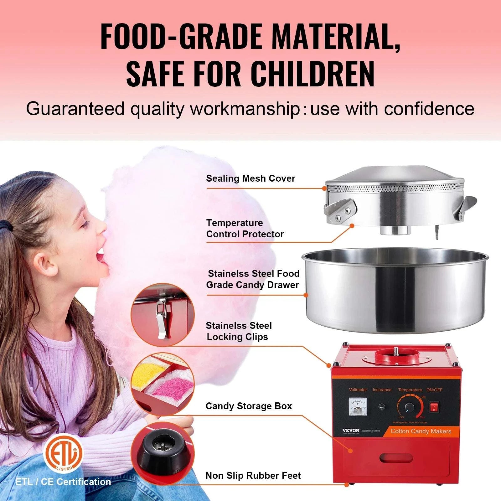 1000W Commercial Cotton Candy Machine with Large Bowl & Control-red / spain
