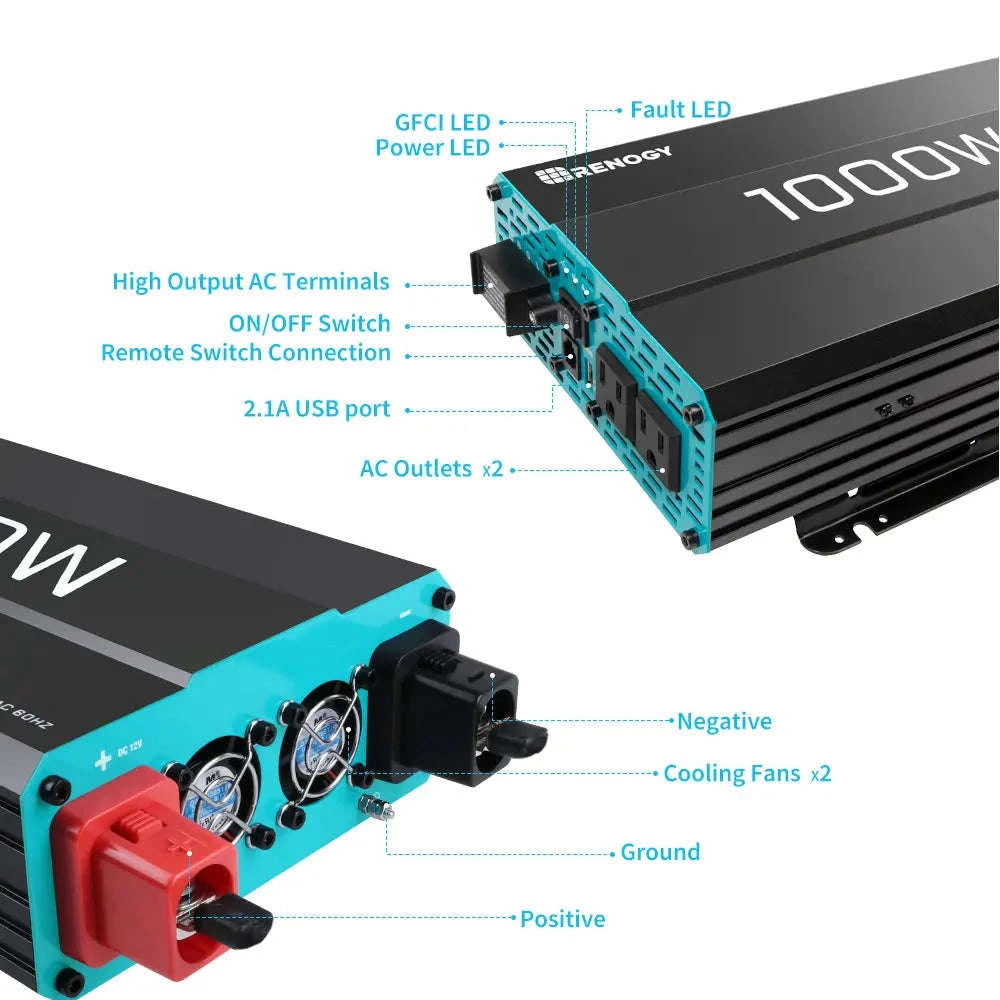 1000W Pure Sine Wave Inverter 12V DC to 120V AC Converter-United States