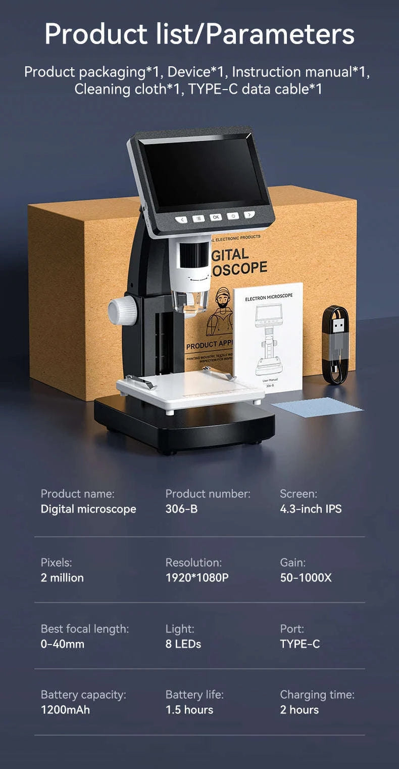 1000X 4.3" LCD USB Digital Microscope for Coin Inspection-Black