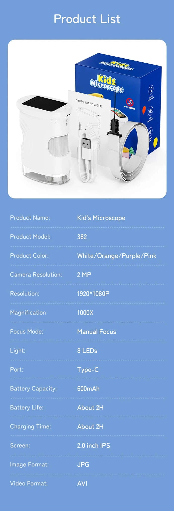 1000X Handheld Microscope for Kids with Screen-Pink / 1000X