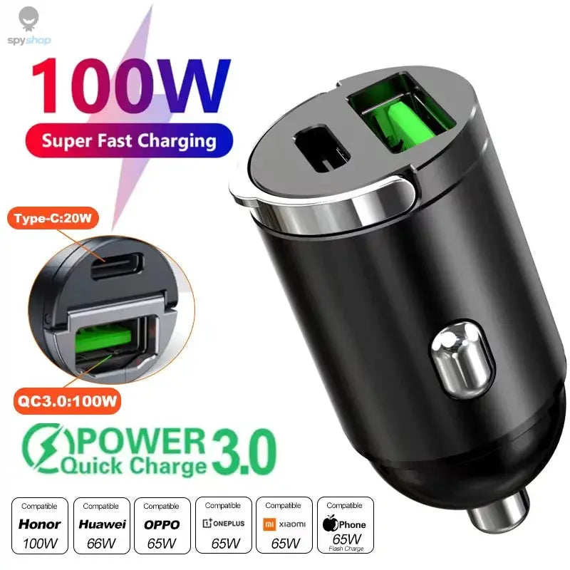 100W/200W QC3.0 PD Mini Car Charger 12-24V Lighter Fast Charging Car USB Type C Charger for Xiaomi Samsung Huawei iPhone Power Spy-shop.com