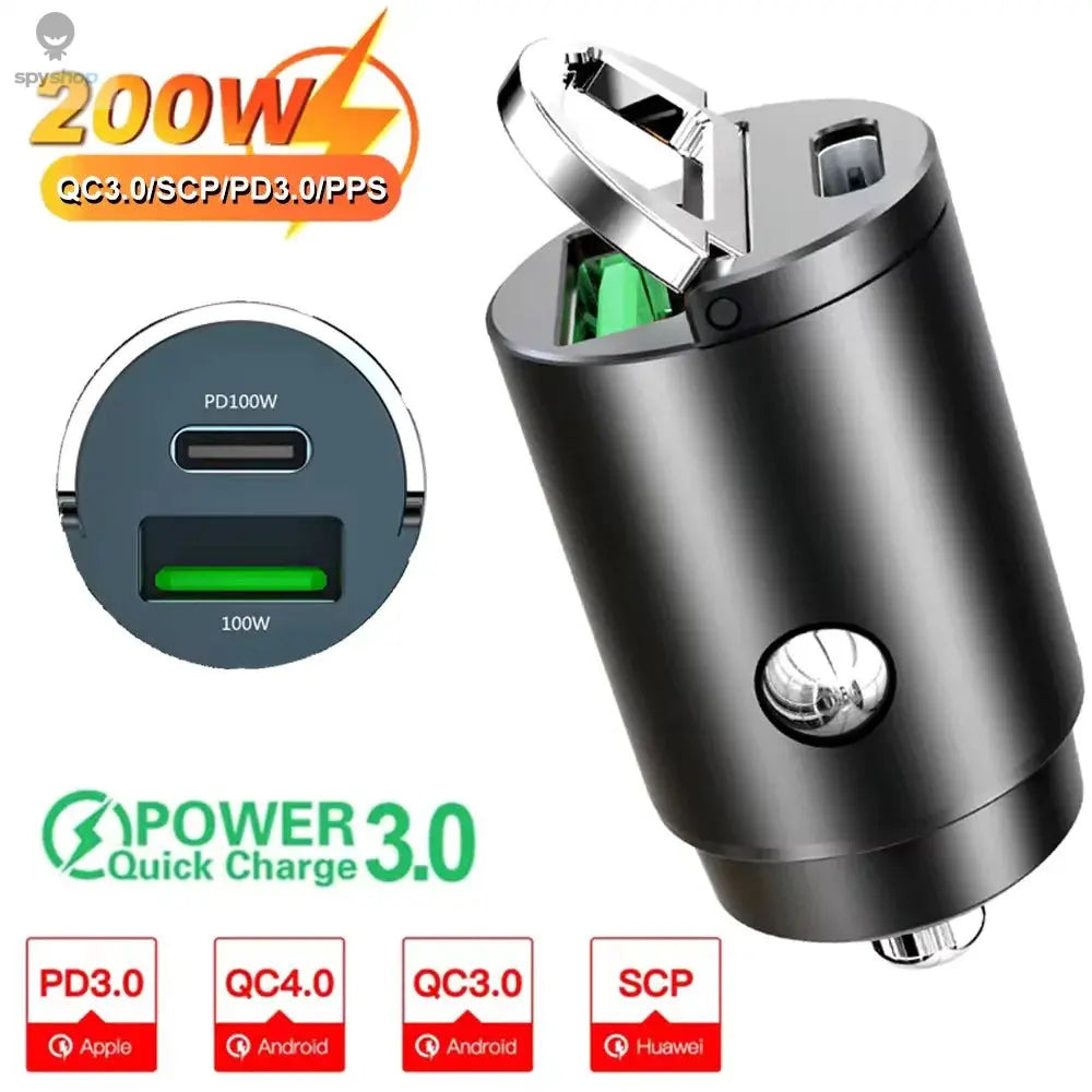 100W/200W QC3.0 PD Mini Car Charger 12-24V Lighter Fast Charging Car USB Type C Charger for Xiaomi Samsung Huawei iPhone Power Spy-shop.com
