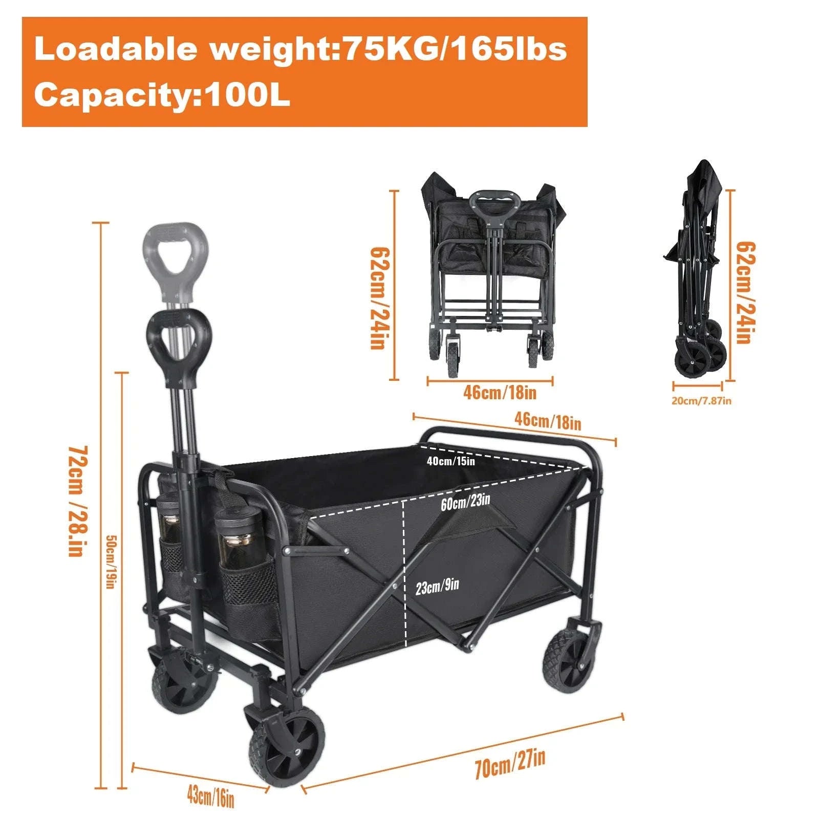 100L Foldable Wagon Cart with Wheels 75kg Load Outdoor Trolley-black / france