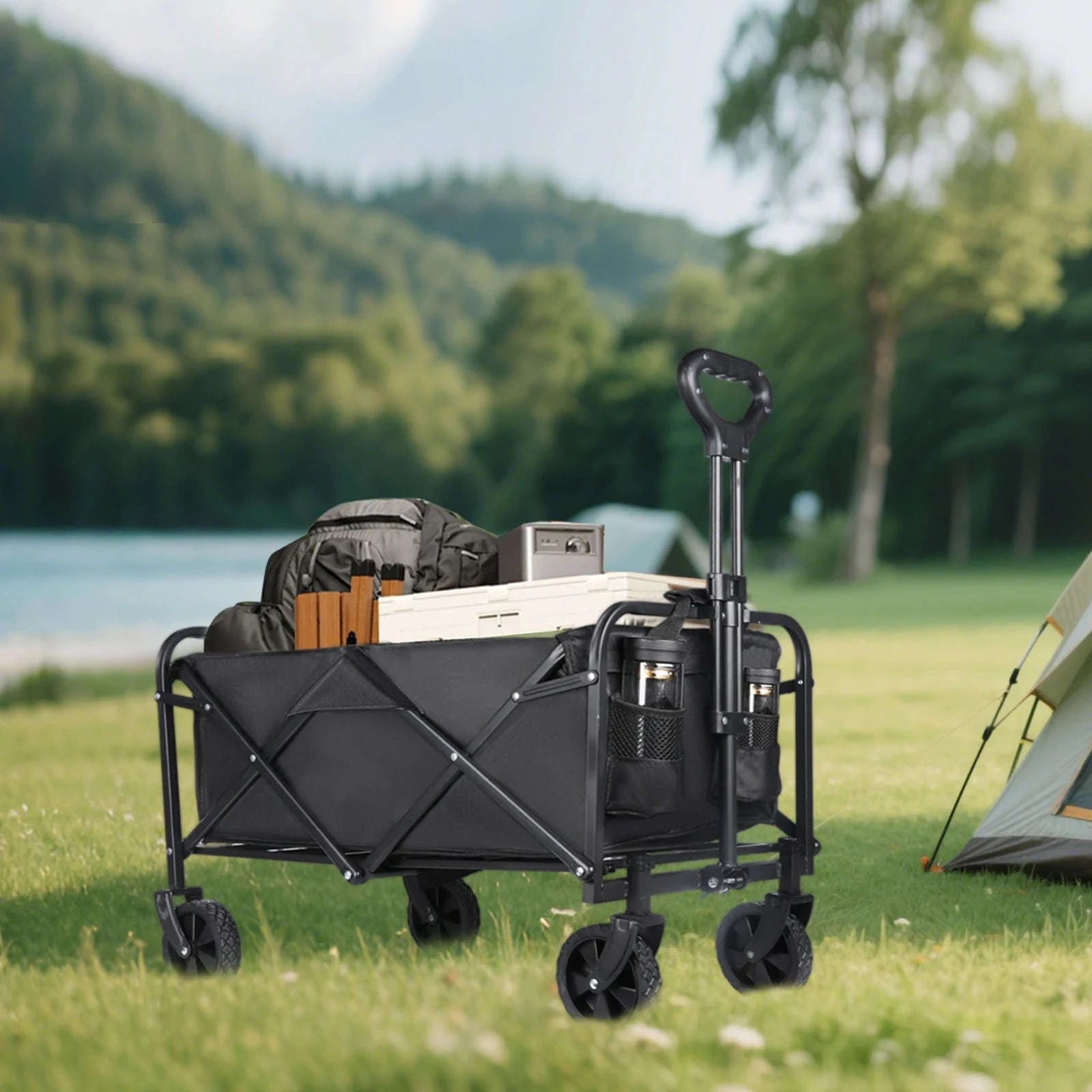 100L Foldable Wagon Cart with Wheels 75kg Load Outdoor Trolley-black / france