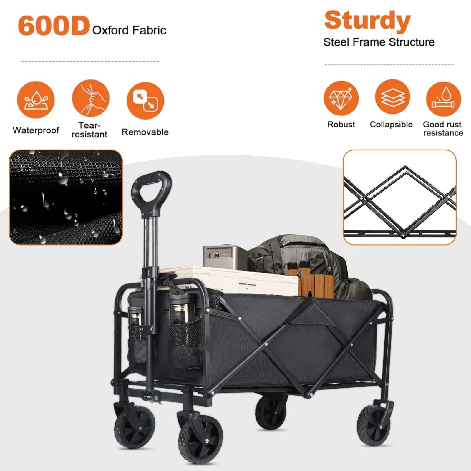 100L Foldable Wagon Cart with Wheels 75kg Load Outdoor Trolley-black / france