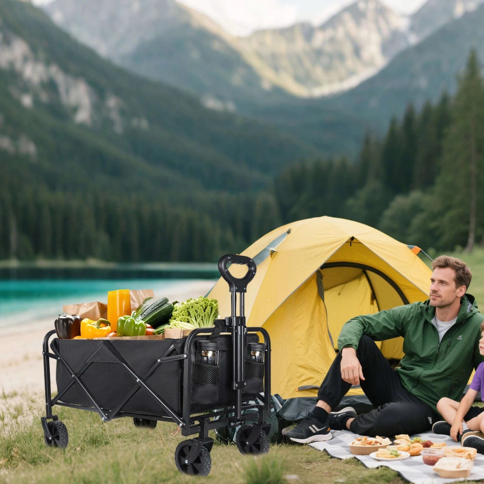 100L Foldable Wagon Cart with Wheels 75kg Load Outdoor Trolley-black / france
