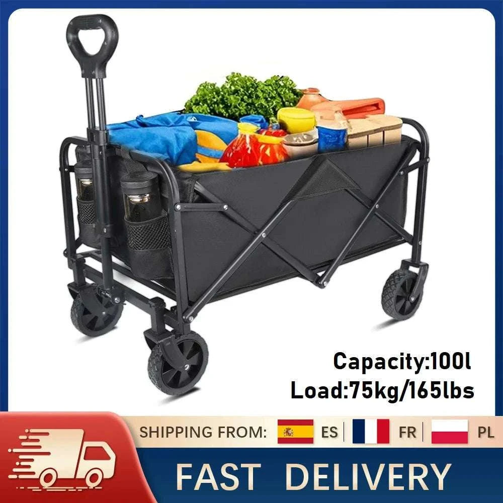 100L Foldable Wagon Cart with Wheels 75kg Load Outdoor Trolley-black / france