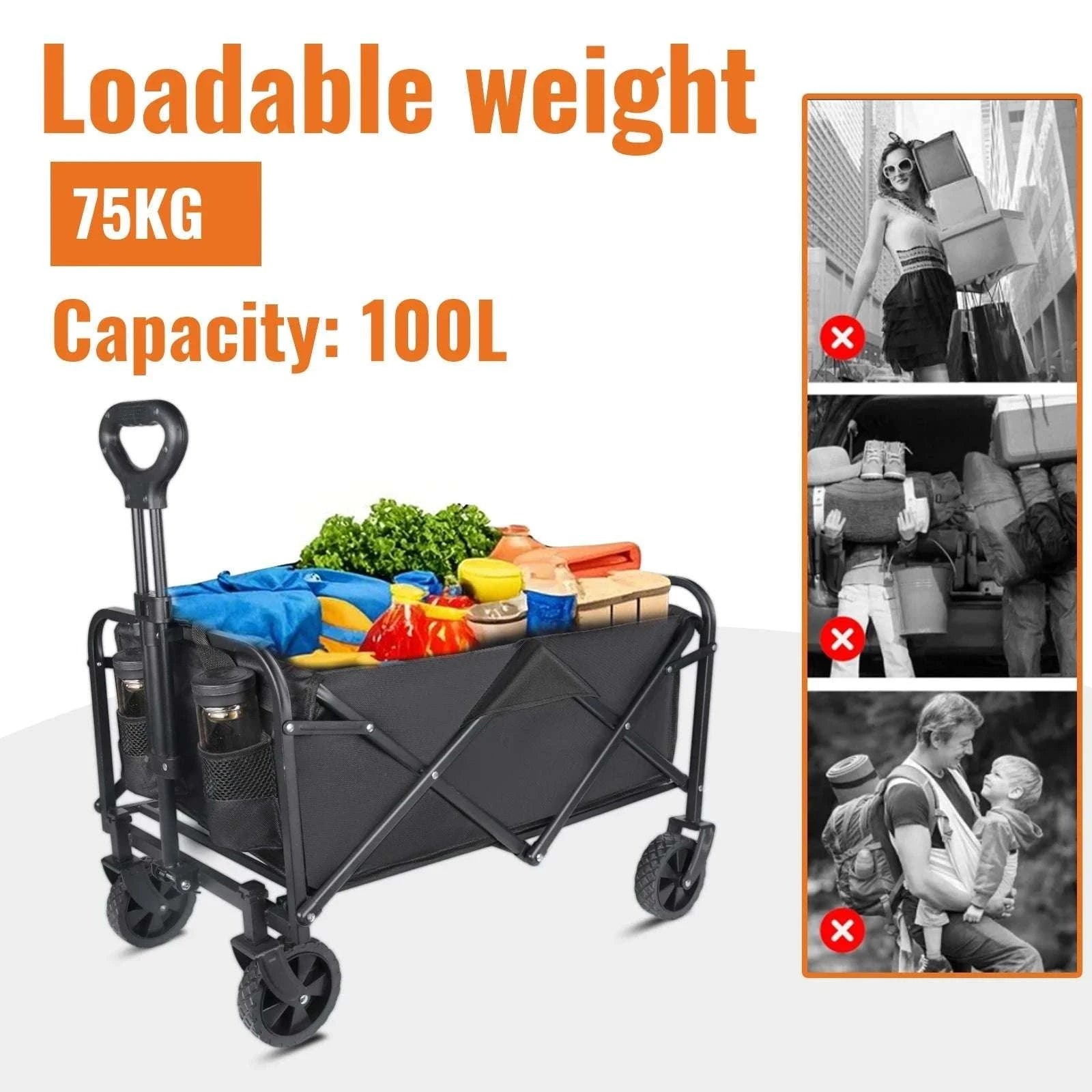 100L Foldable Wagon Cart with Wheels 75kg Load Outdoor Trolley-
