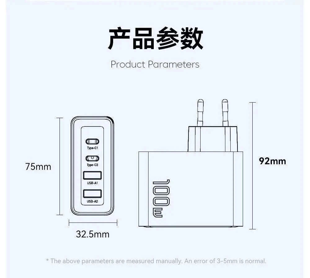 100W GaN USB Car Charger with 4 Ports and Fast Charging-US Black