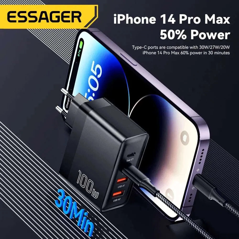 100W GaN USB Car Charger with 4 Ports and Fast Charging-US Black