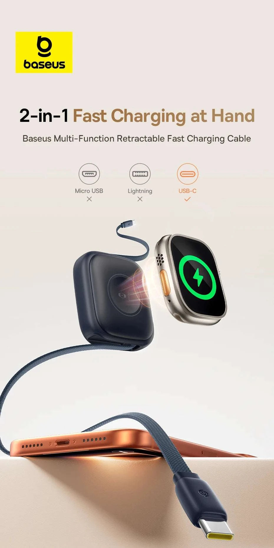 100W Retractable USB-C Fast Charging Cable with Magnetic Design-White / 0.9m / Type-C to Type-C