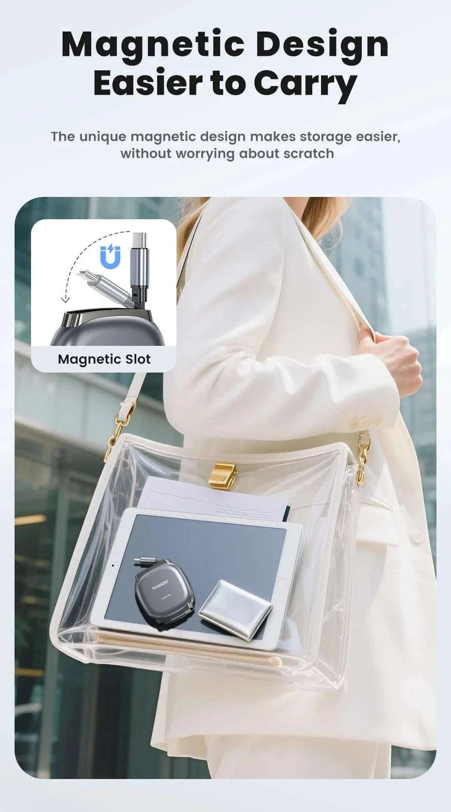 100W Retractable USB-C Fast Charging Cable with Magnetic Storage-