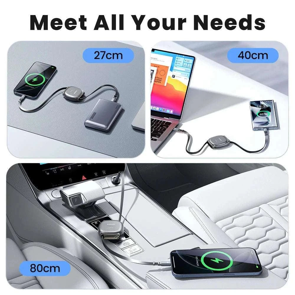 100W Retractable USB-C Fast Charging Cable with Magnetic Storage-