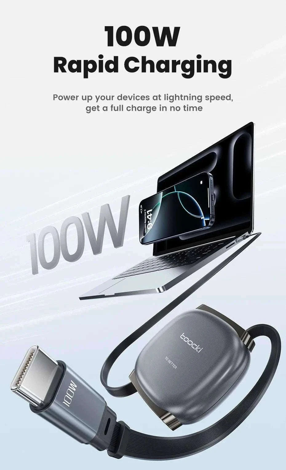 100W Retractable USB-C Fast Charging Cable with Magnetic Storage-Grey / 1m