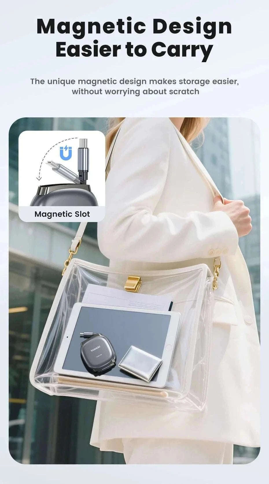 100W Retractable USB-C Fast Charging Cable with Magnetic Storage-Grey / 1m