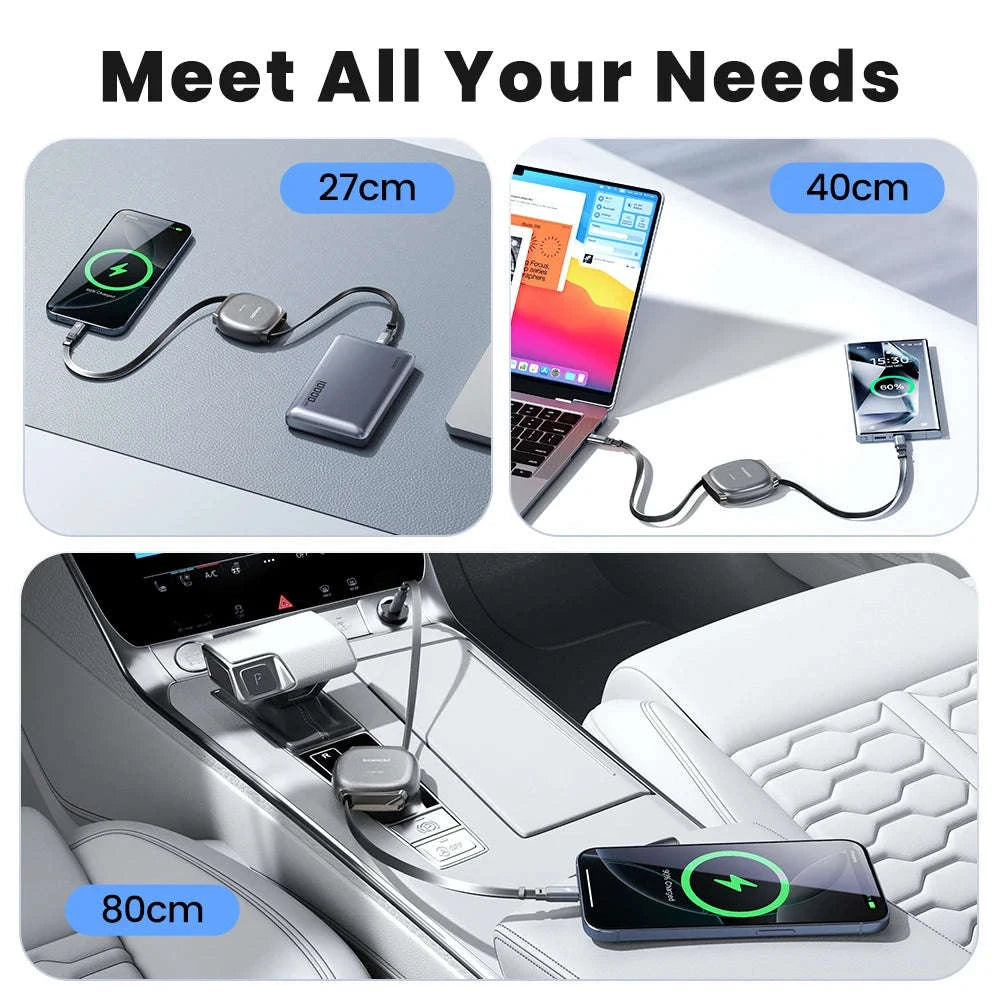 100W Retractable USB-C Fast Charging Cable with Magnetic Storage-Grey / 1m