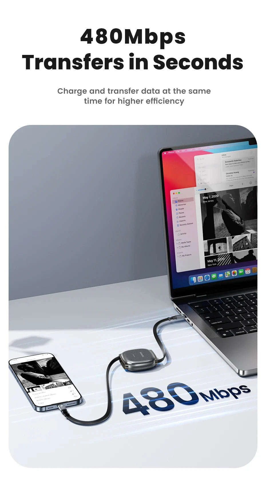 100W Retractable USB-C Fast Charging Cable with Magnetic Storage-Grey / 1m