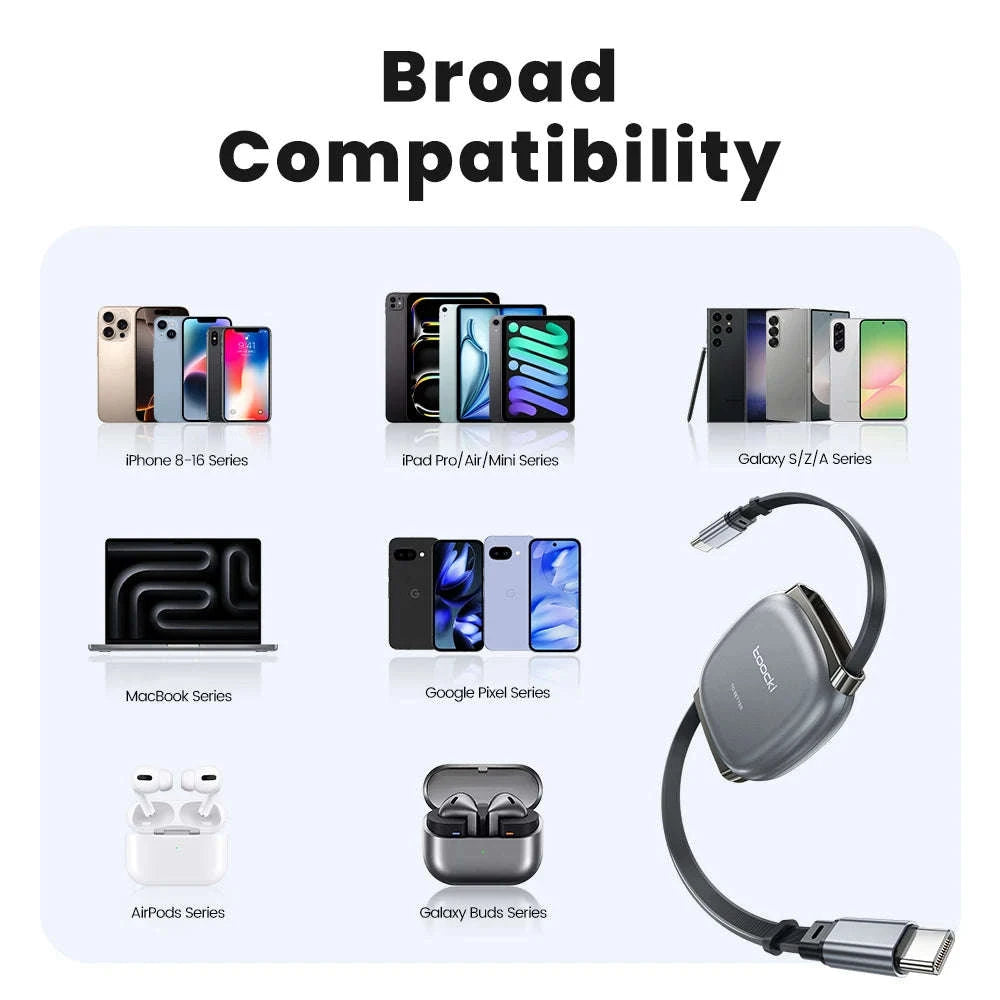 100W Retractable USB-C Fast Charging Cable with Magnetic Storage-Grey / 1m