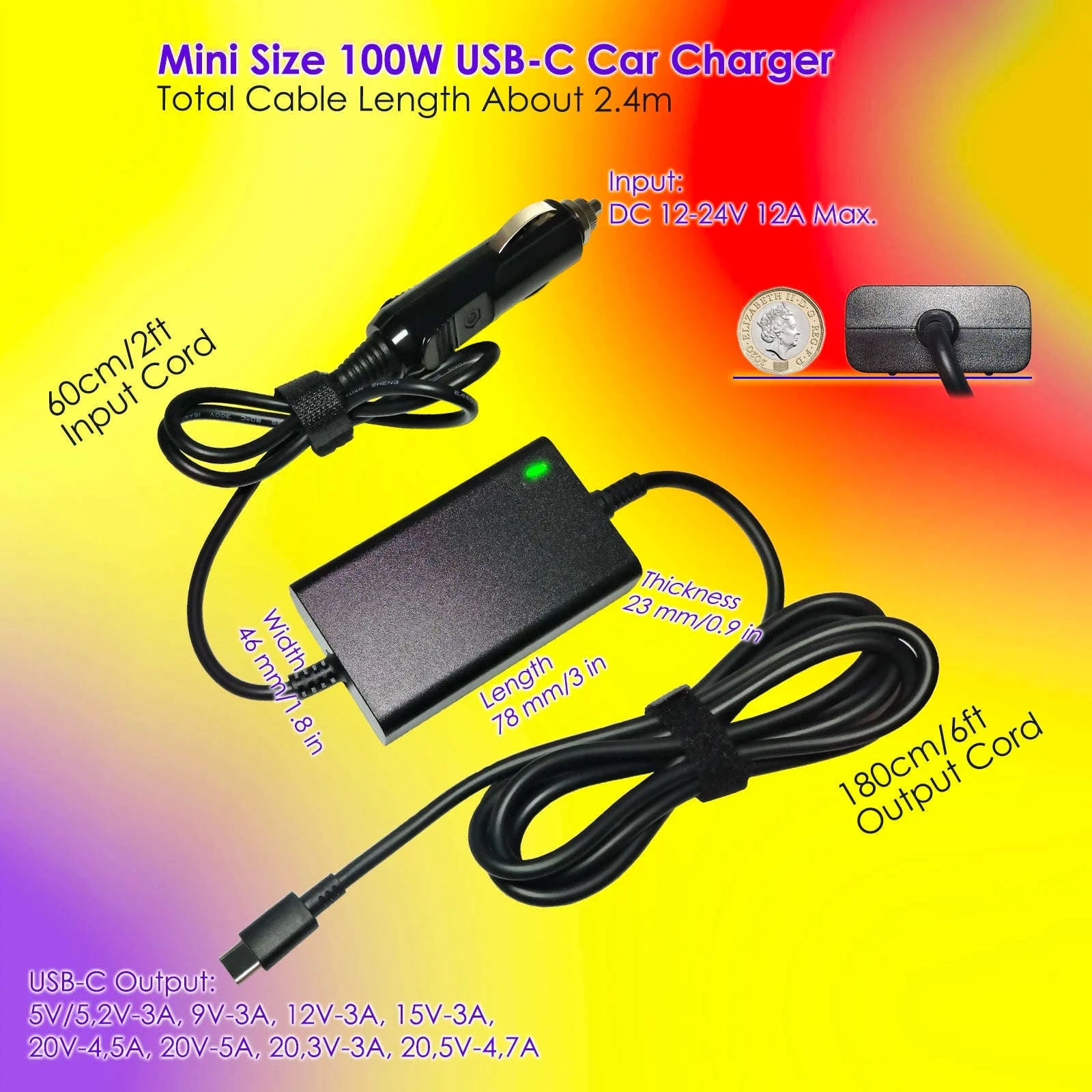 100W Universal Car Charger USB-C PD 12V-24V-100W USBC PD
