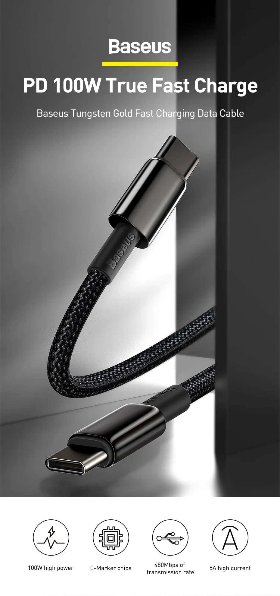 100W USB-C Fast Charging Cable for iPhone 15, MacBook, Samsung-Black / 2m