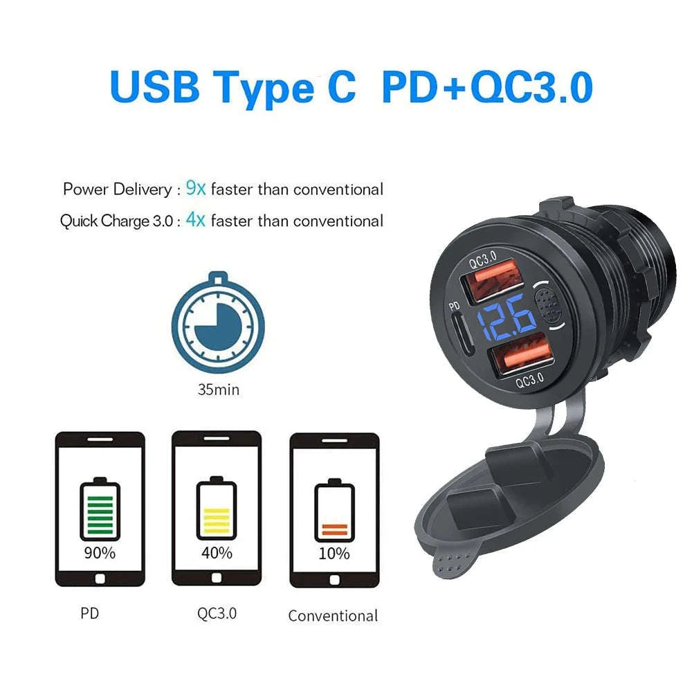 100W USB Car Charger Socket with Dual QC3.0, USB-C PD, Voltmeter and Touch Switch-Blue with wire