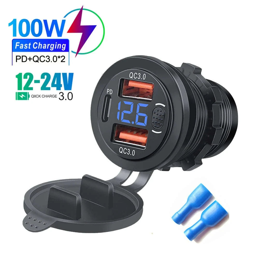 100W USB Car Charger Socket with Dual QC3.0, USB-C PD, Voltmeter and Touch Switch-Blue with wire