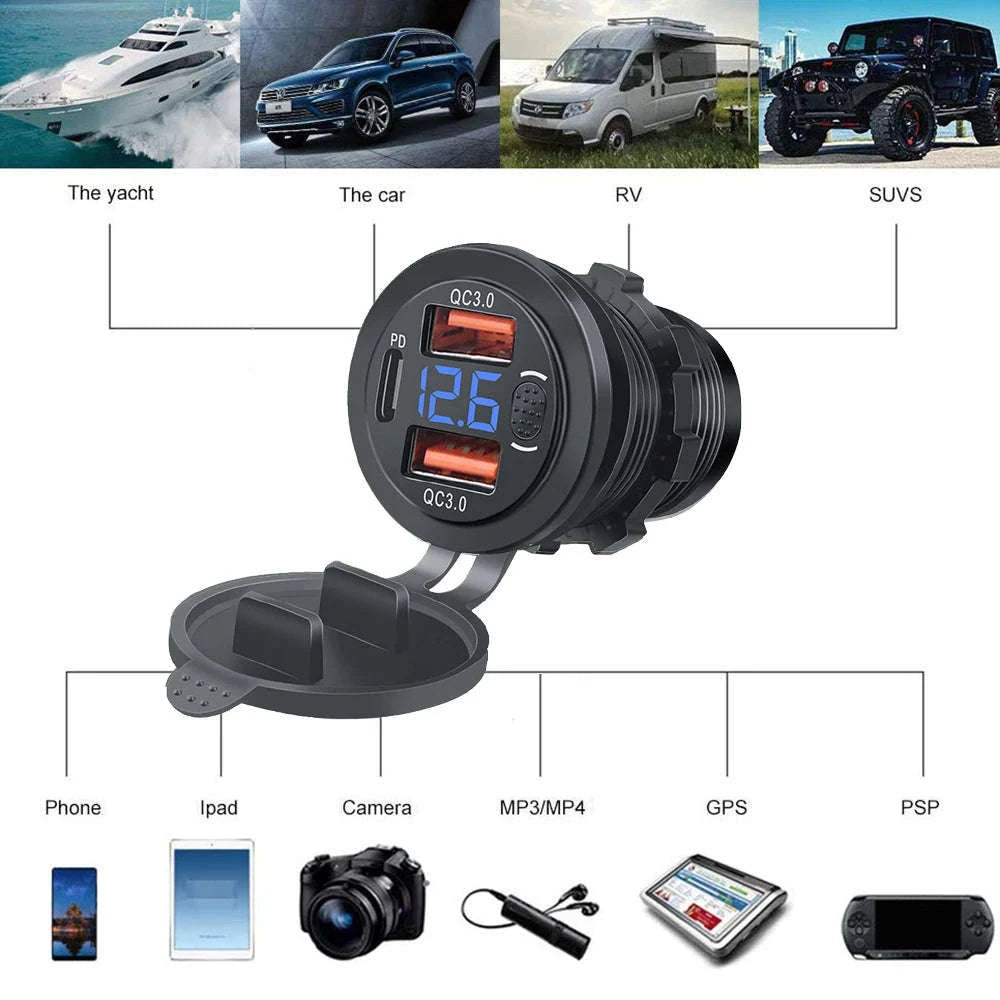 100W USB Car Charger Socket with Dual QC3.0, USB-C PD, Voltmeter and Touch Switch-Blue with wire