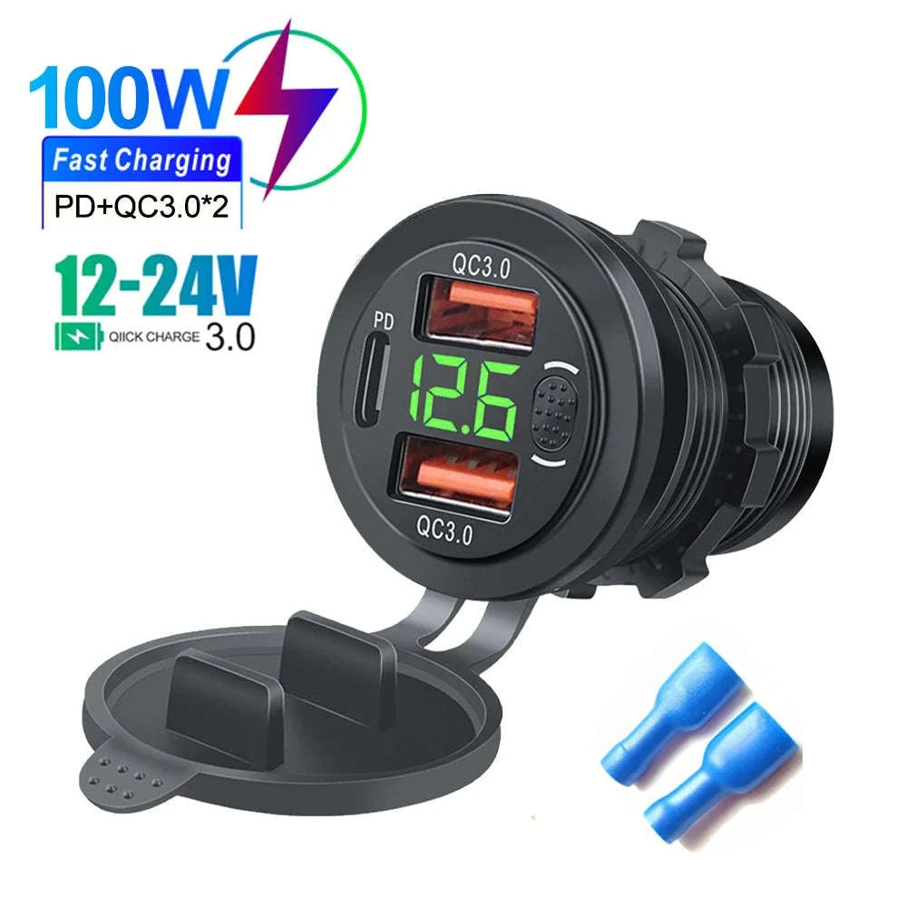 100W USB Car Charger Socket with Dual QC3.0, USB-C PD, Voltmeter and Touch Switch-Blue with wire