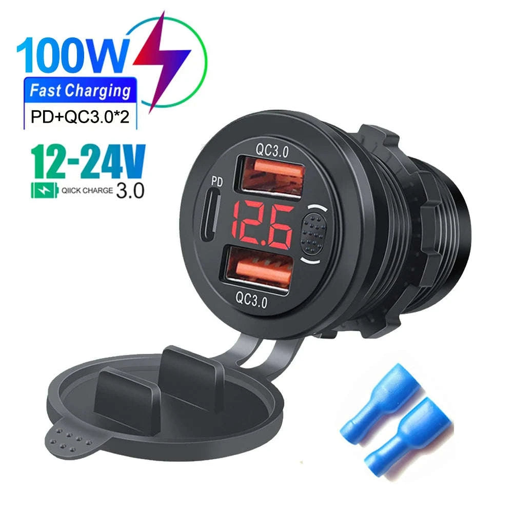 100W USB Car Charger Socket with Dual QC3.0, USB-C PD, Voltmeter and Touch Switch-Blue with wire