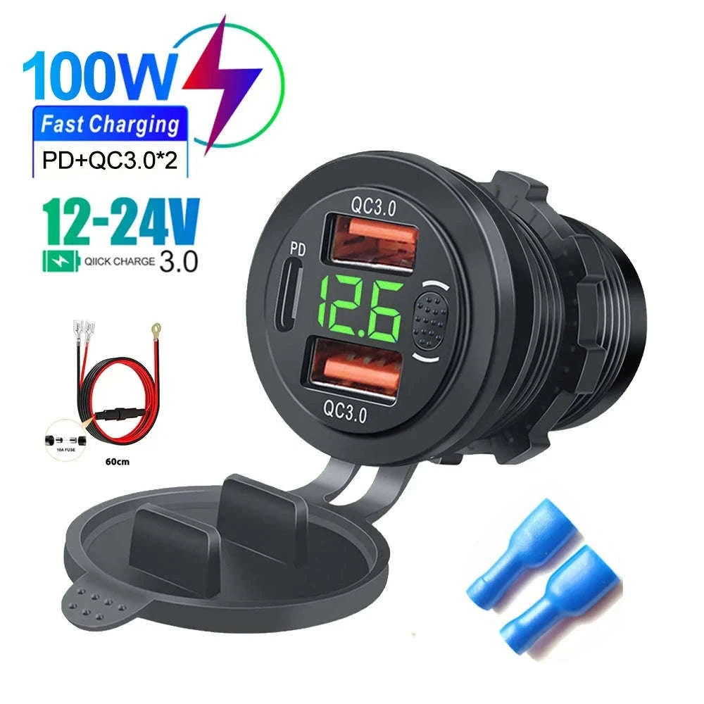 100W USB Car Charger Socket with Dual QC3.0, USB-C PD, Voltmeter and Touch Switch-Blue with wire