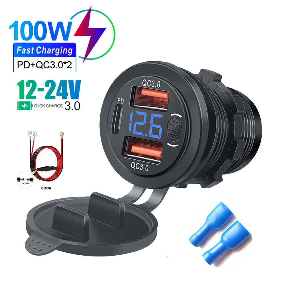 100W USB Car Charger Socket with Dual QC3.0, USB-C PD, Voltmeter and Touch Switch-Blue with wire