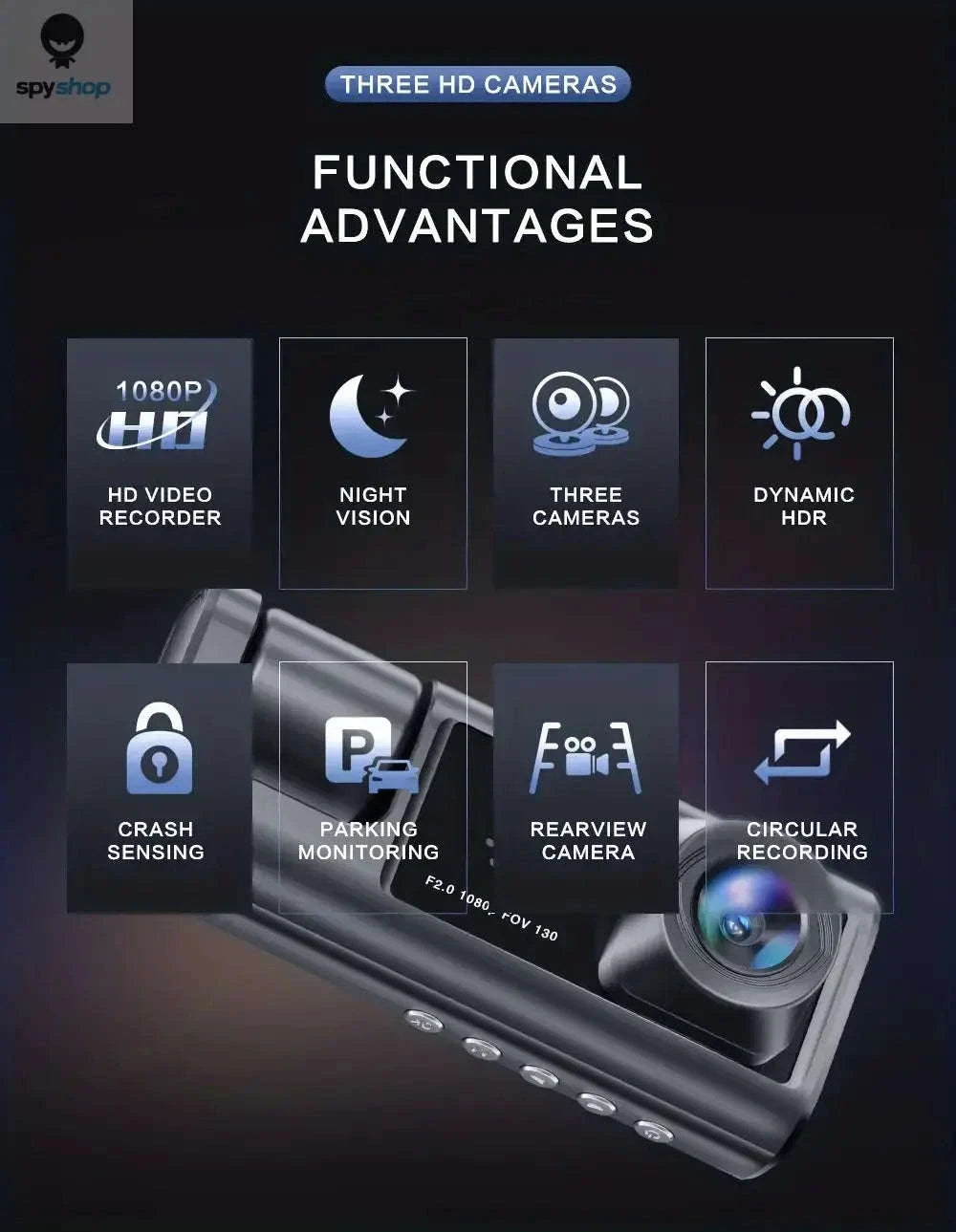 1080P 3-Camera Dash Cam with IR Night Vision-Y30B-no card