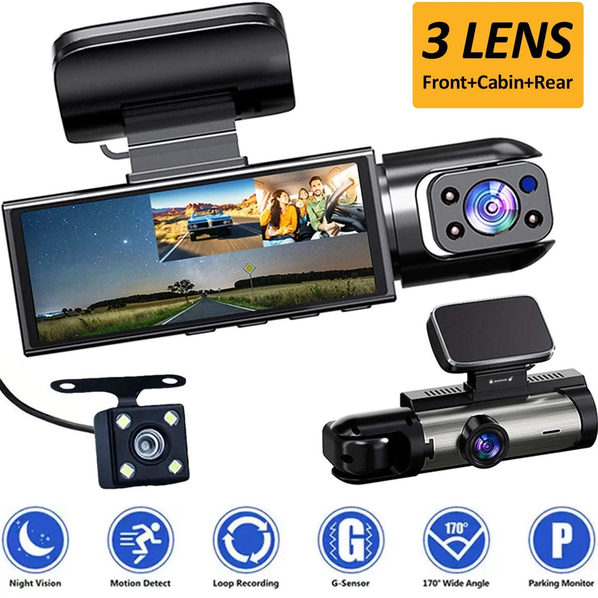 1080P 3-Channel Dash Cam with Front Rear Interior Recording-3-CH-Hardwire kit / No SD Card