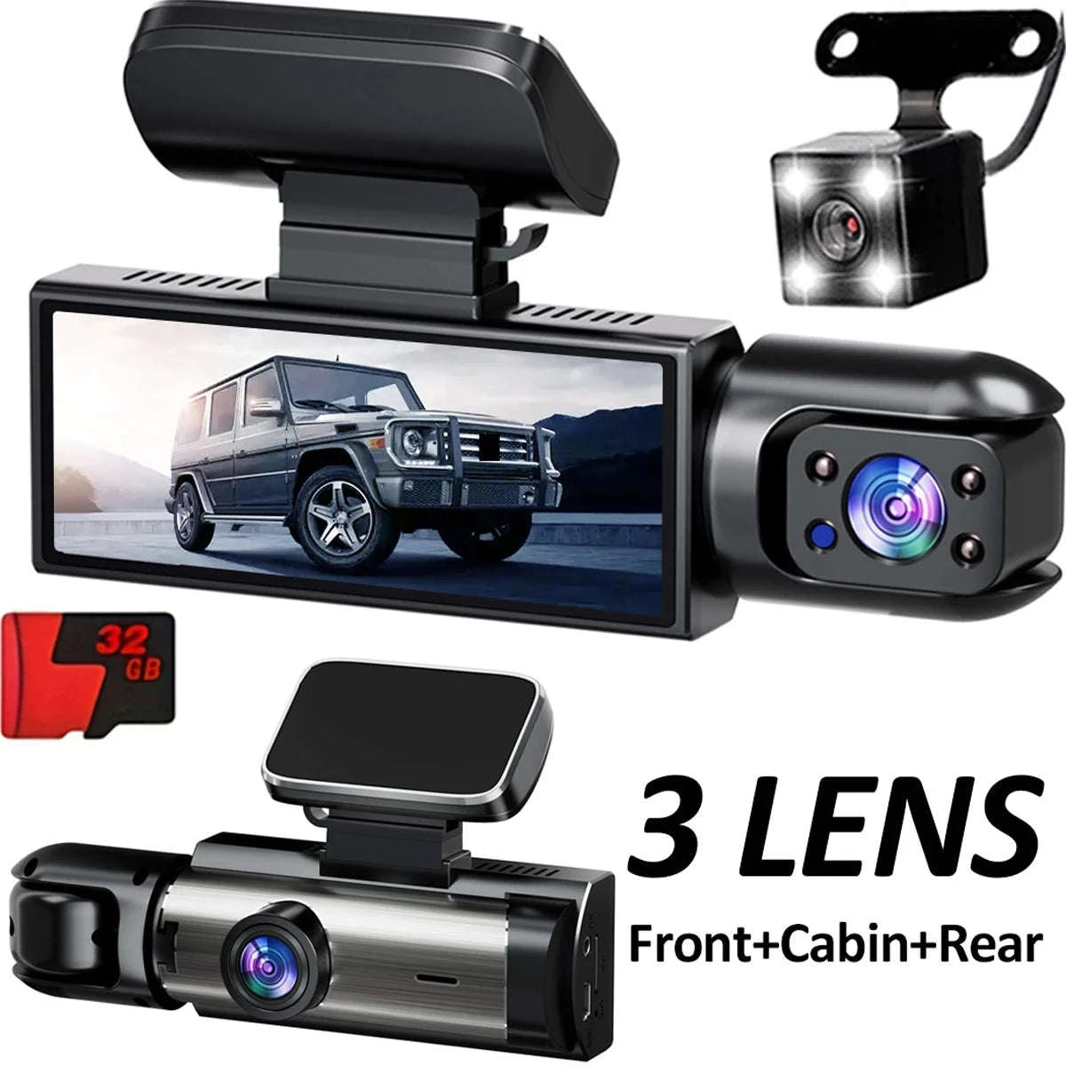 1080P 3-Channel Dash Cam with Front Rear Interior Recording-3-CH-Hardwire kit / No SD Card