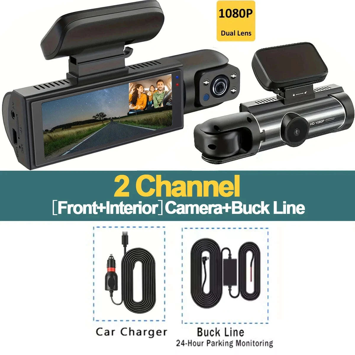 1080P 3-Channel Dash Cam with Front Rear Interior Recording-3-CH-Hardwire kit / No SD Card