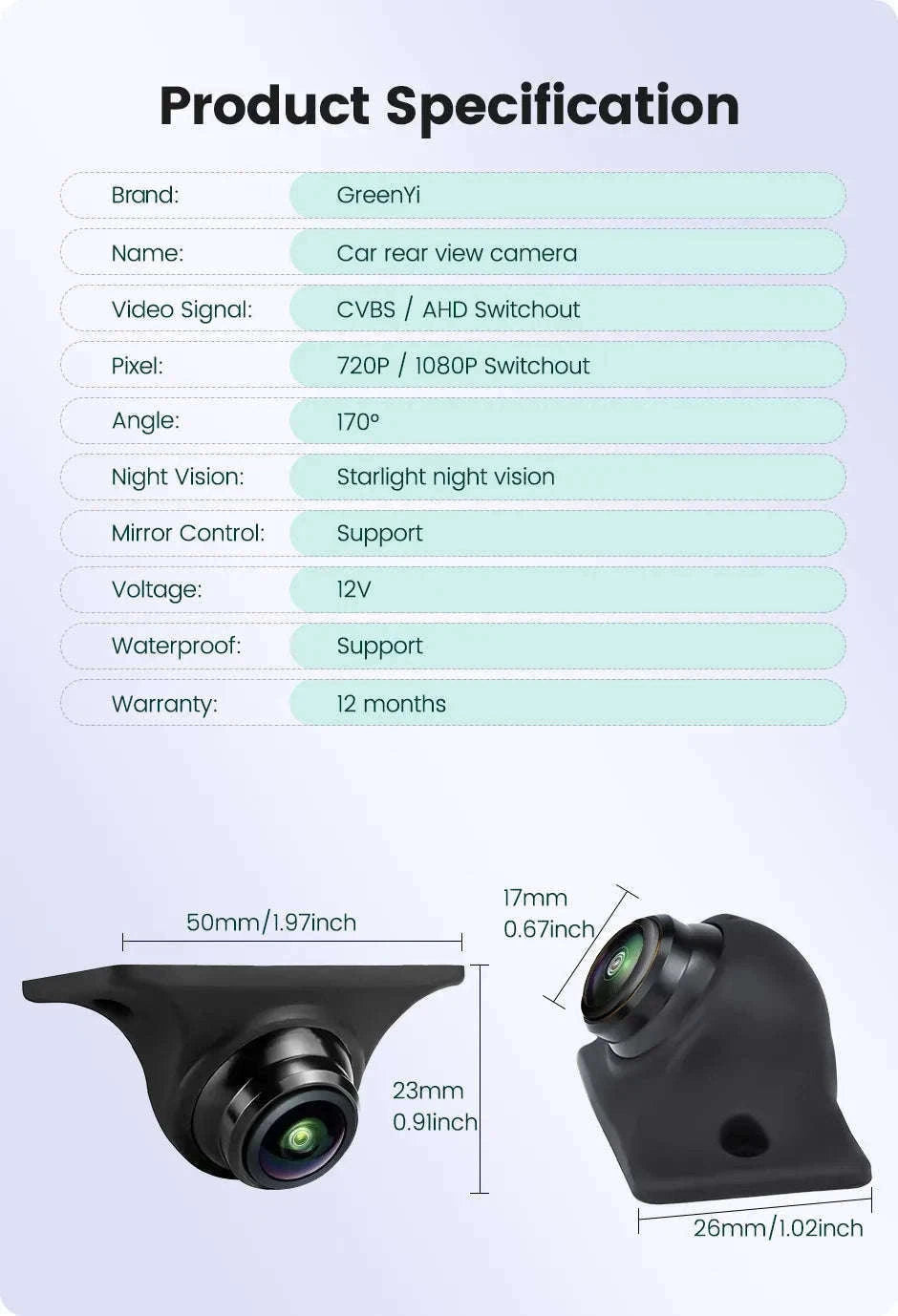 1080P Car Rear View Camera with Night Vision and 170° Lens-Black / AHD1080P