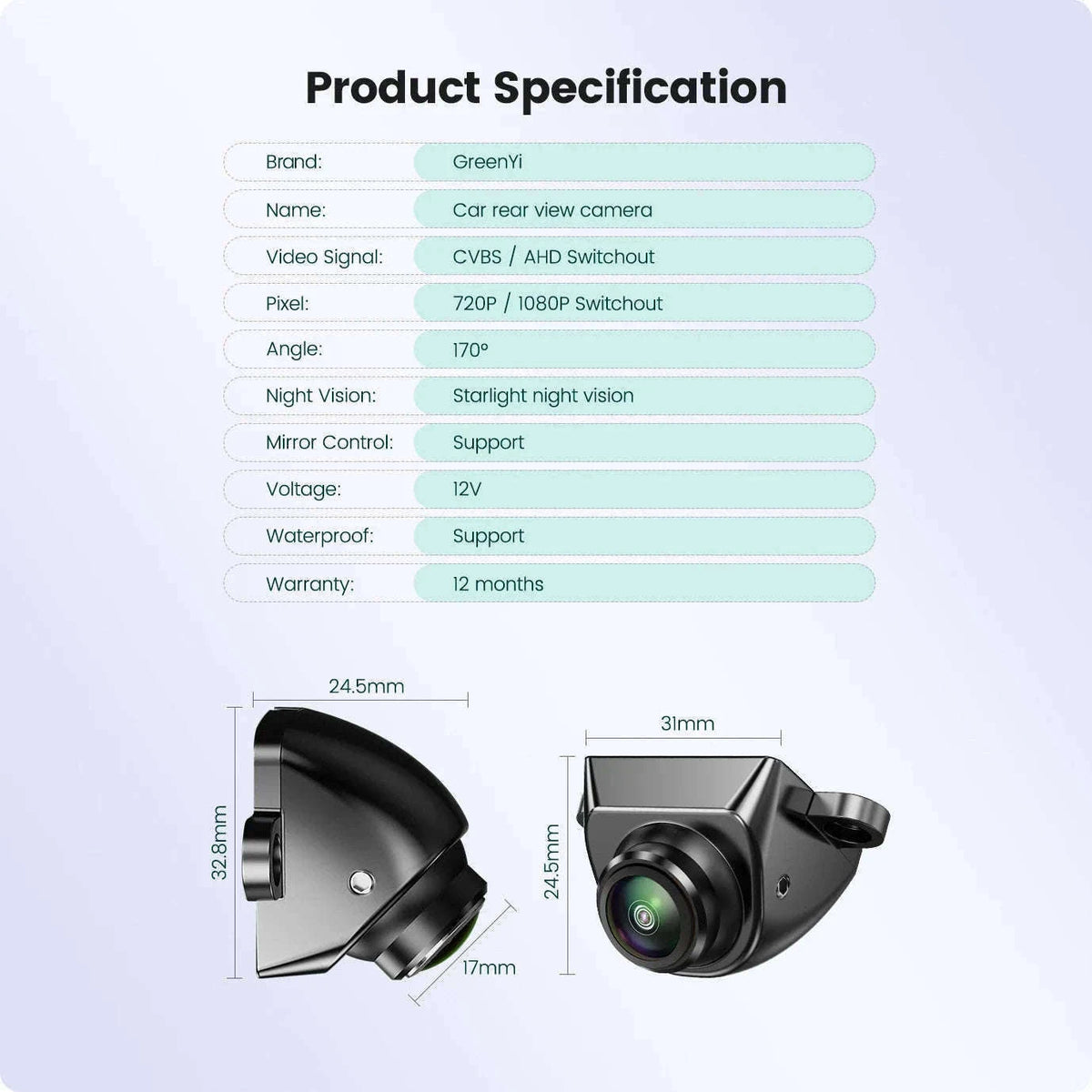 1080P Car Rear View Camera with Night Vision and 170° Wide-Angle Lens-Black / AHD1080P