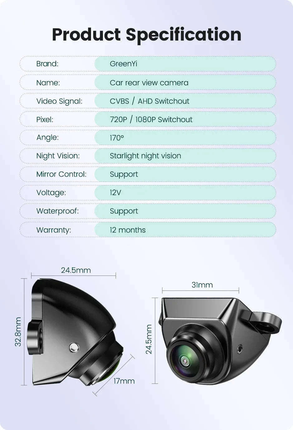 1080P Car Rear View Camera with Night Vision and 170° Wide-Angle Lens-Black / AHD1080P