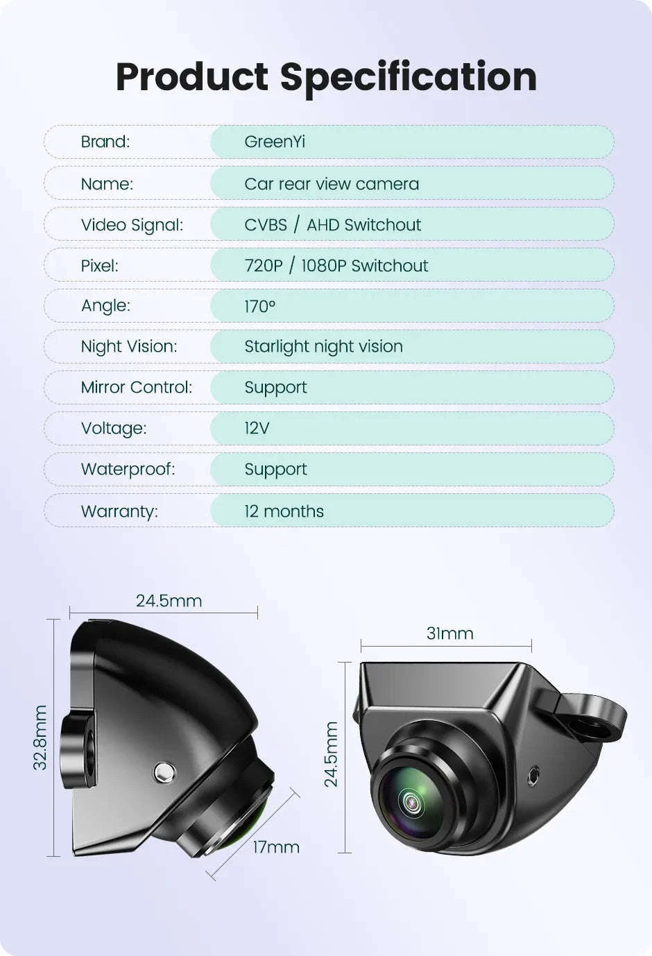 1080P Car Rear View Camera with Night Vision and 170° Wide-Angle Lens-Black / AHD1080P