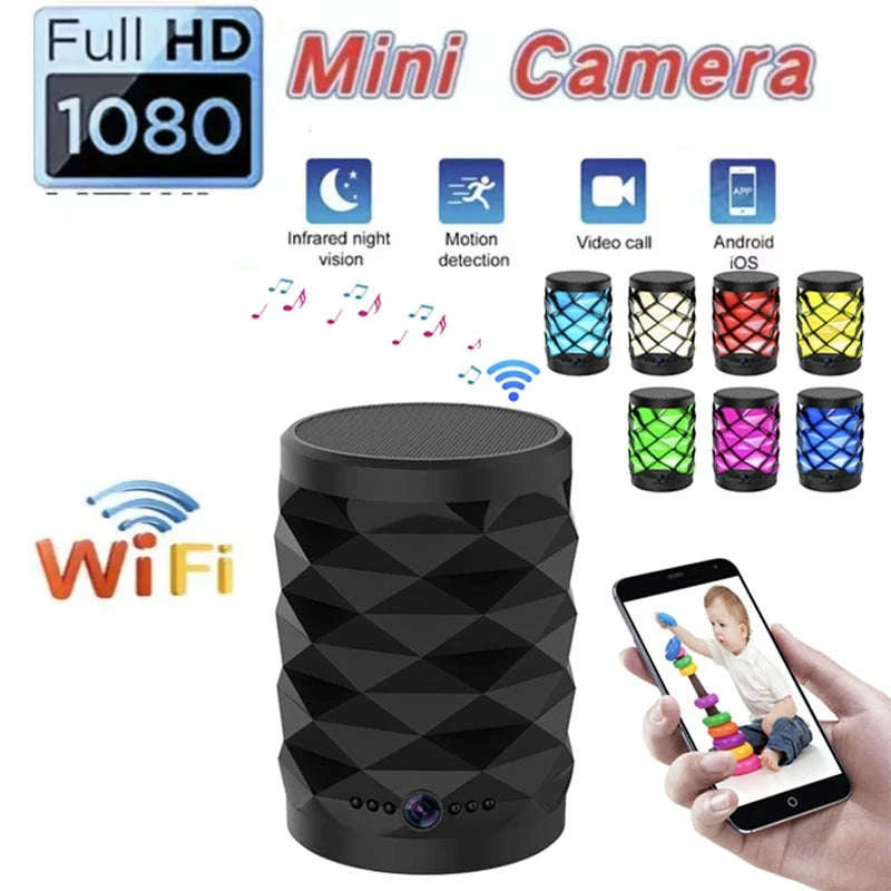 1080P HD Mini Wifi Camera Bluetooth Speaker Home Security Surveillance Two-way Remote Intercom Night Vision Cam Colorful Lights-camera with 32GB