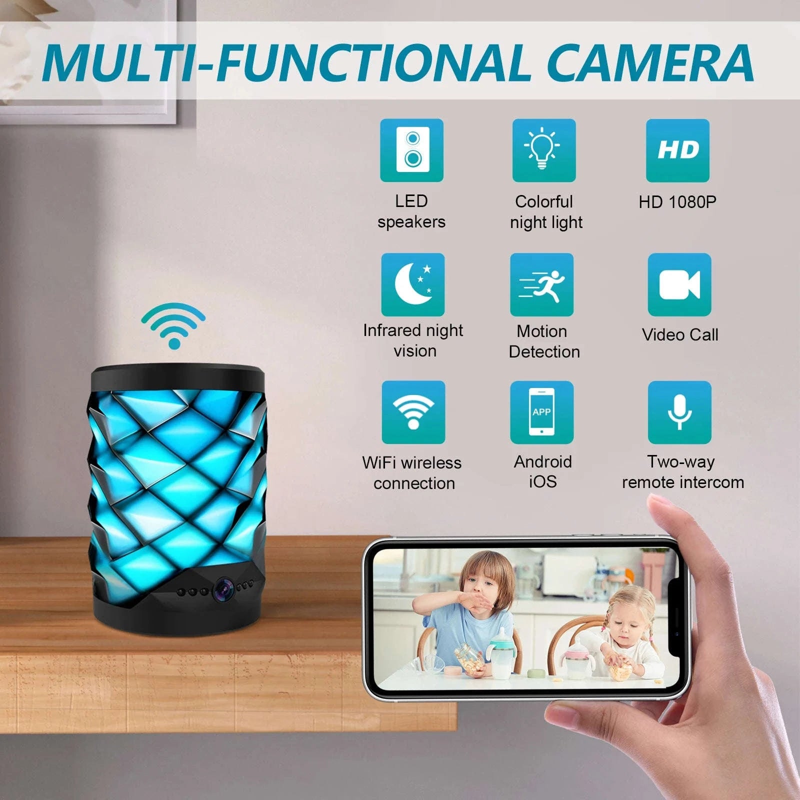 1080P HD Mini Wifi Camera Bluetooth Speaker Home Security Surveillance Two-way Remote Intercom Night Vision Cam Colorful Lights-camera with 32GB