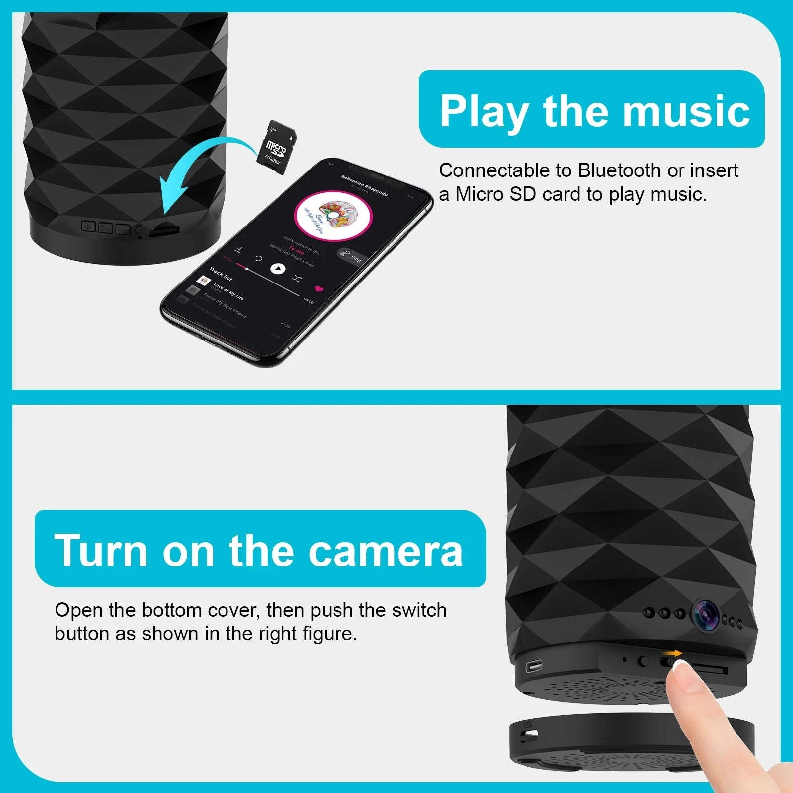 1080P HD Mini Wifi Camera Bluetooth Speaker Home Security Surveillance Two-way Remote Intercom Night Vision Cam Colorful Lights-camera with 32GB