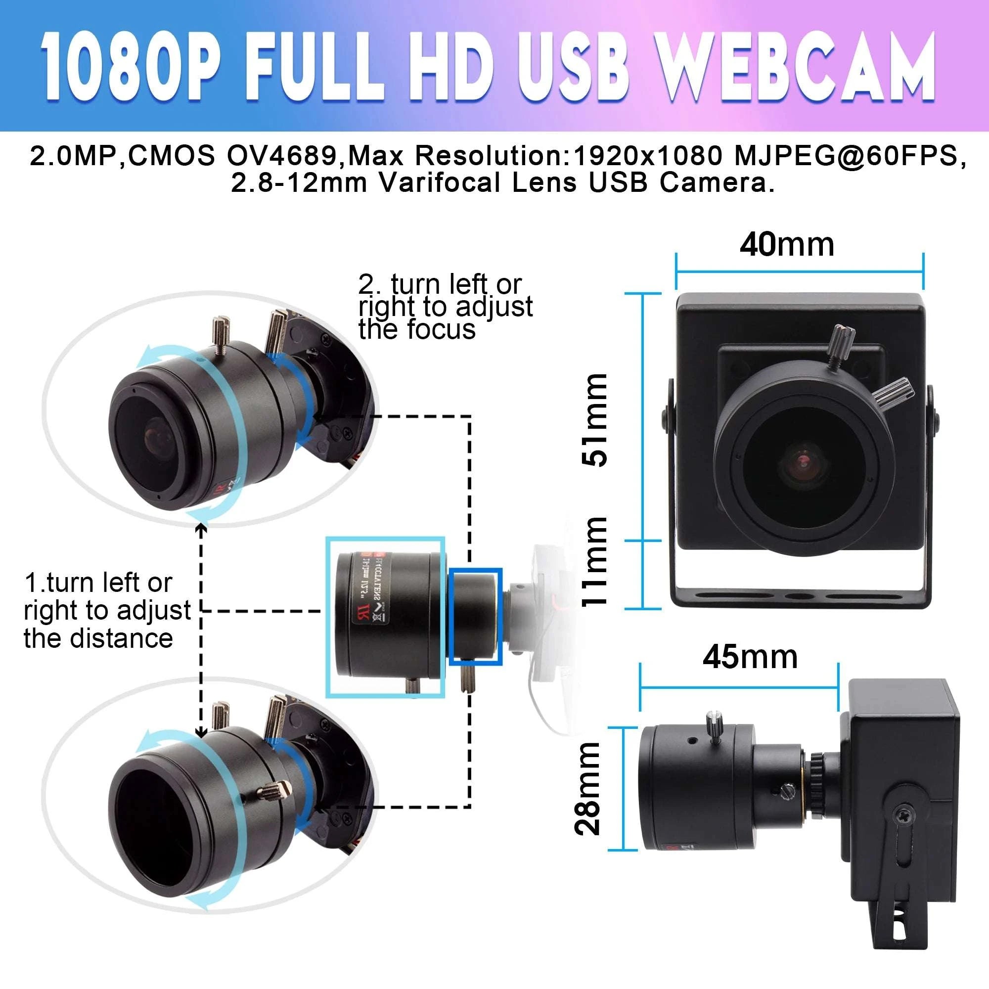 1080P High Speed USB Camera 260FPS 2MP Manual Zoom Webcam-2.8-12mm manual lens