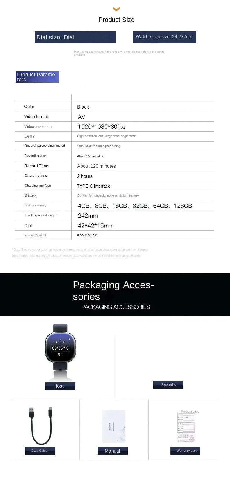 1080P Watch Mini Camera with Audio Recording-64GB / China Mainland