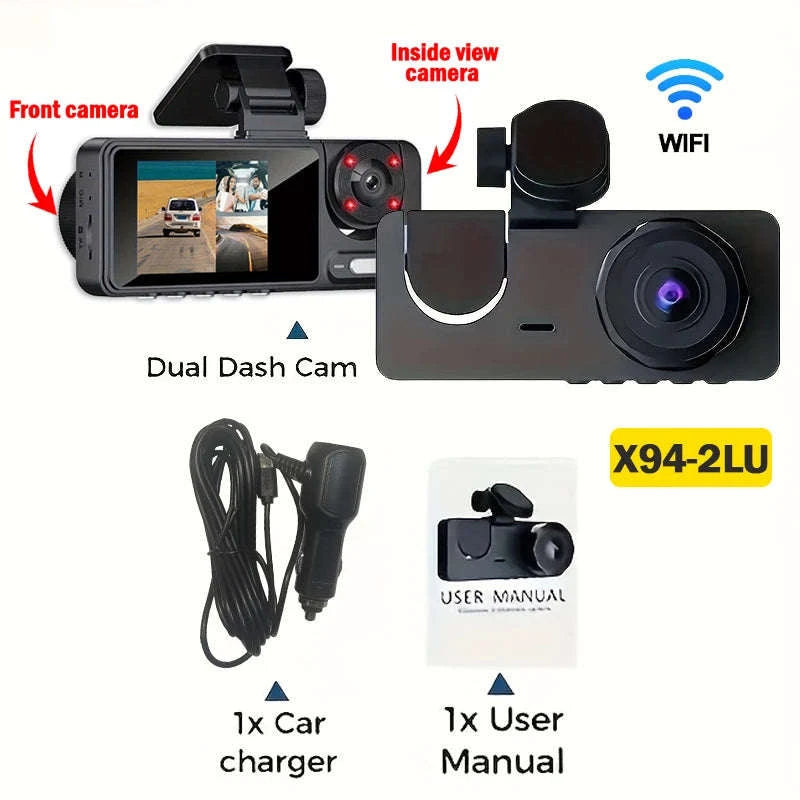 1080P WiFi Dash Cam with 3 Cameras, Night Vision & Parking Monitor-X94-WIFI-2CAM / NONE