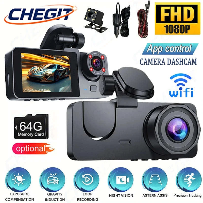 1080P WiFi Dash Cam with 3 Cameras, Night Vision & Parking Monitor-X94-WIFI-2CAM / NONE