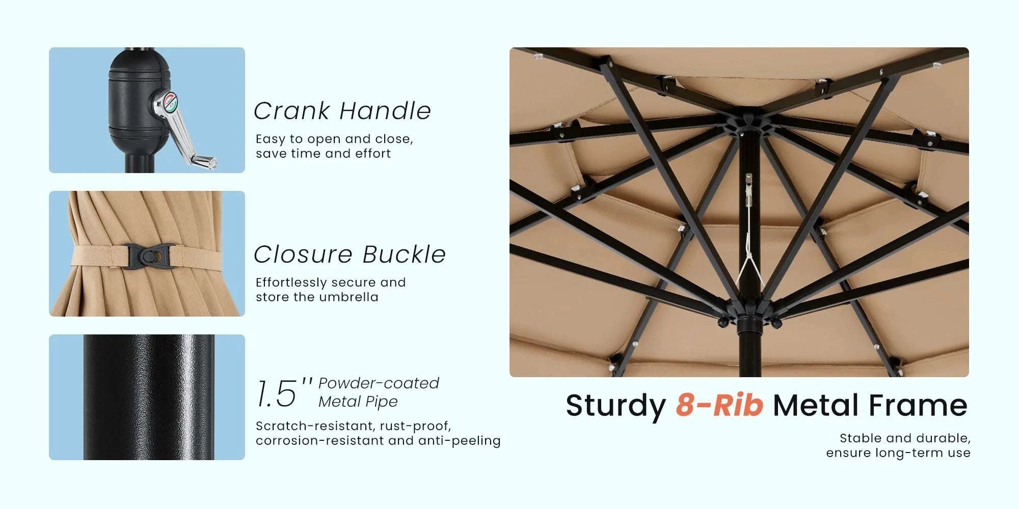 10FT Outdoor Patio Umbrella with Solar LED Lights & Tilt-Dark Khaki / United States