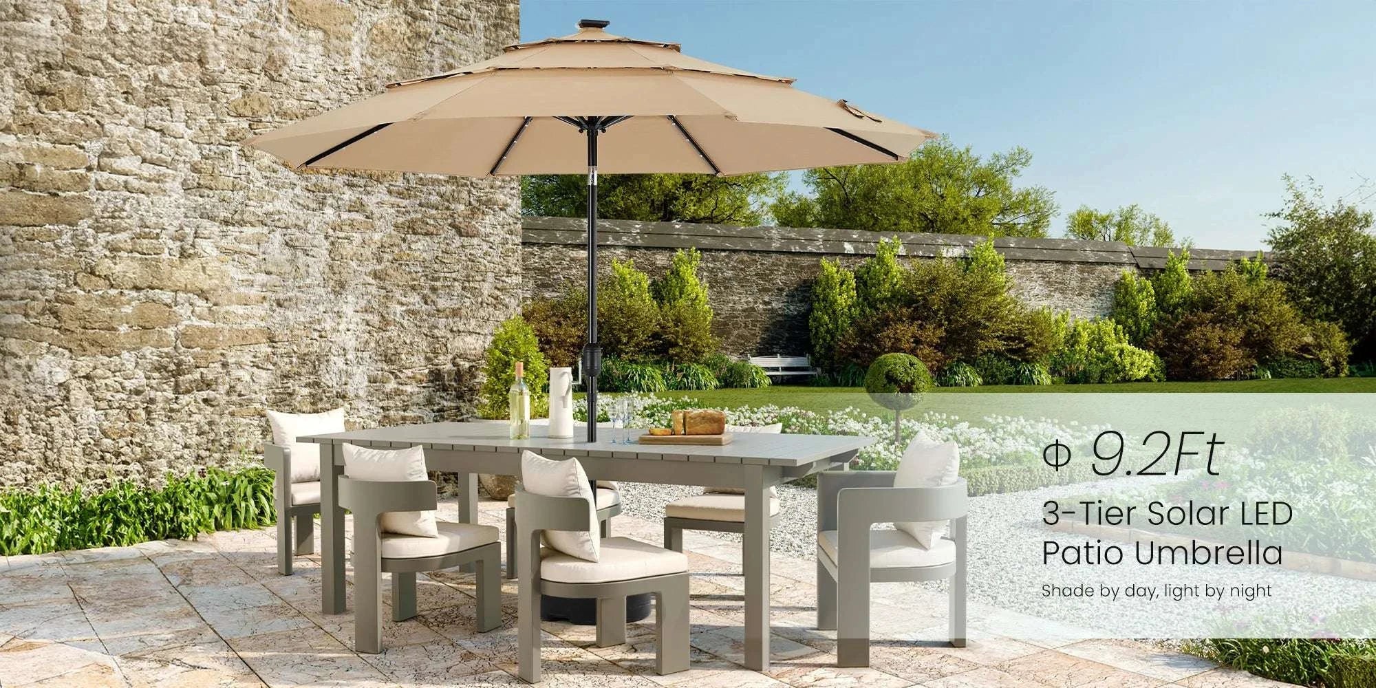 10FT Outdoor Patio Umbrella with Solar LED Lights & Tilt-Dark Khaki / United States